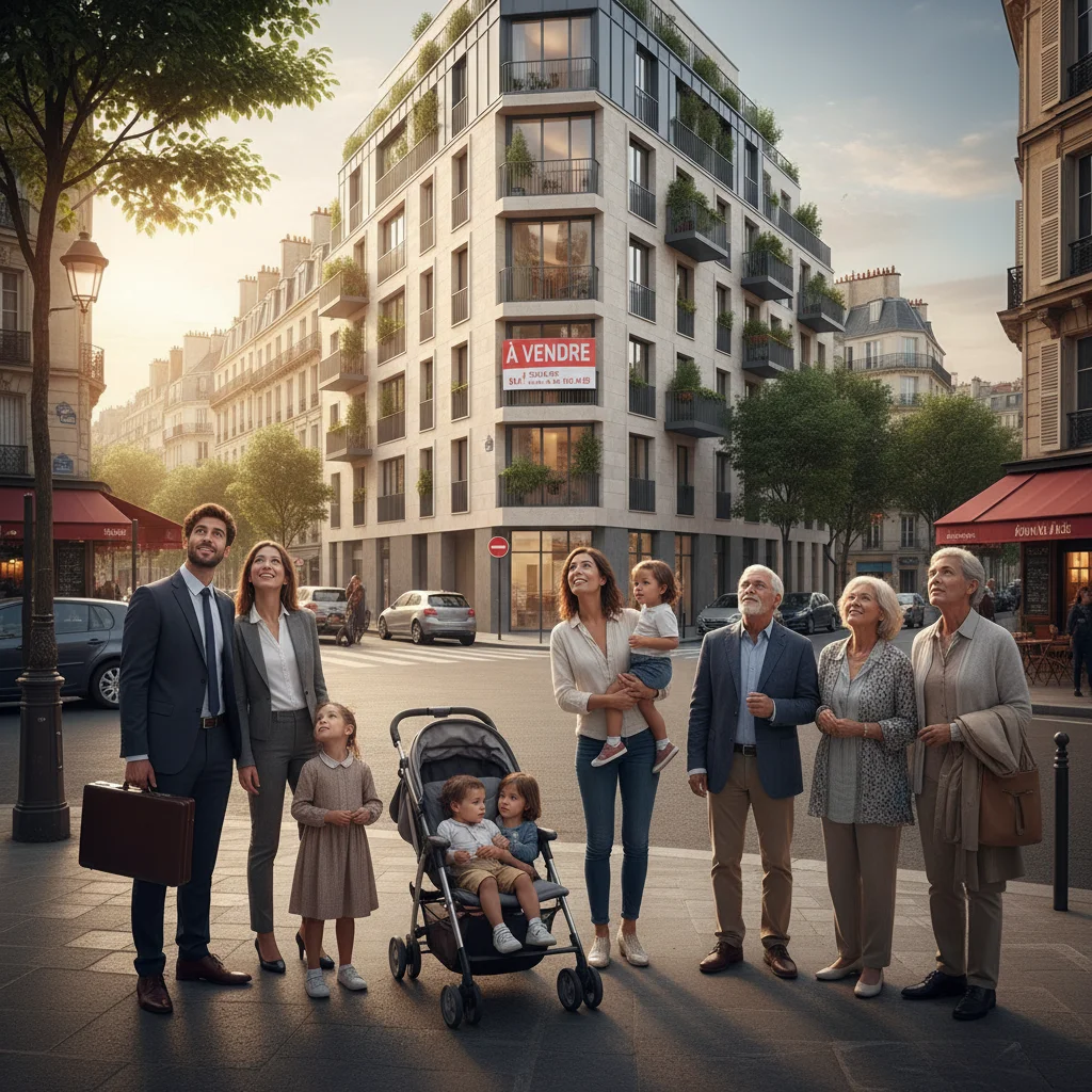 Divers profils d'acheteurs immobiliers devant un immeuble moderne